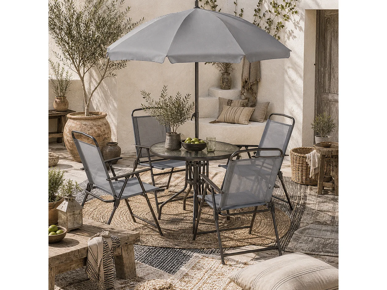 Misotte 4 Seater Outdoor Dining Set Folding Mesh Chairs Round Tempered Glass Table Parasol