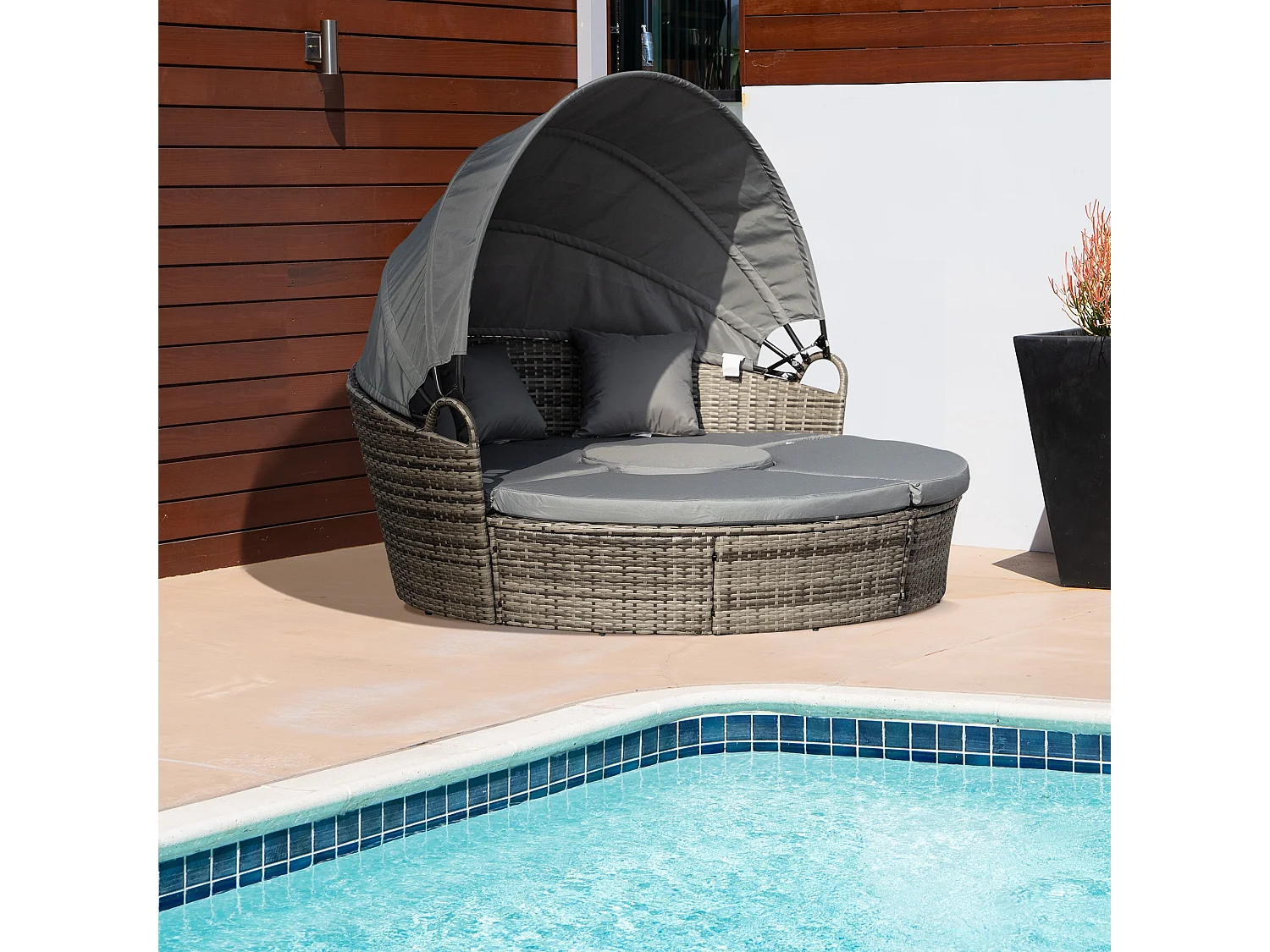 Leluri Dark Grey Round Modular Daybed with Retractable Canopy Table and Cushions