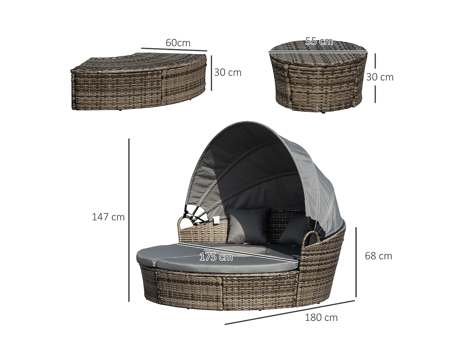 Leluri Dark Grey Round Modular Daybed with Retractable Canopy Table and Cushions