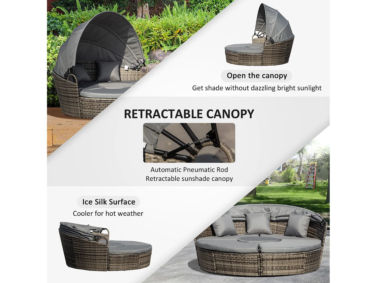 Leluri Dark Grey Round Modular Daybed with Retractable Canopy Table and Cushions