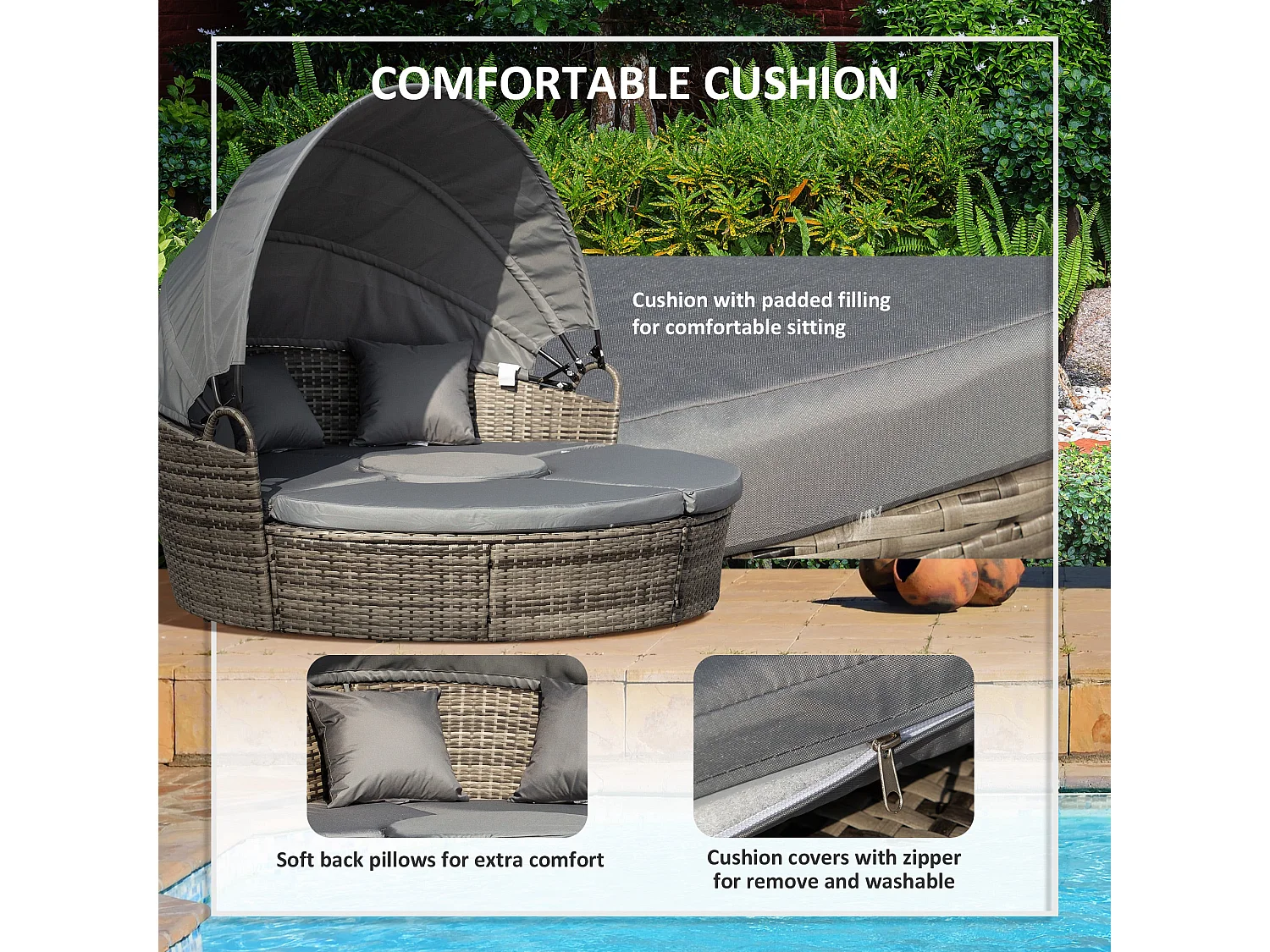 Leluri Dark Grey Round Modular Daybed with Retractable Canopy Table and Cushions