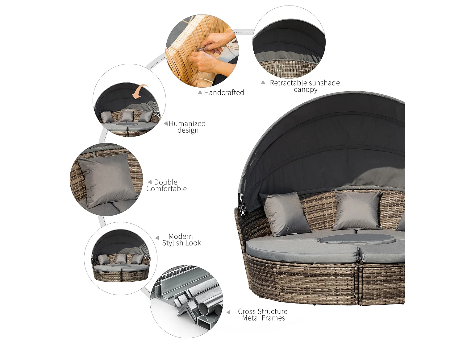 Leluri Dark Grey Round Modular Daybed with Retractable Canopy Table and Cushions