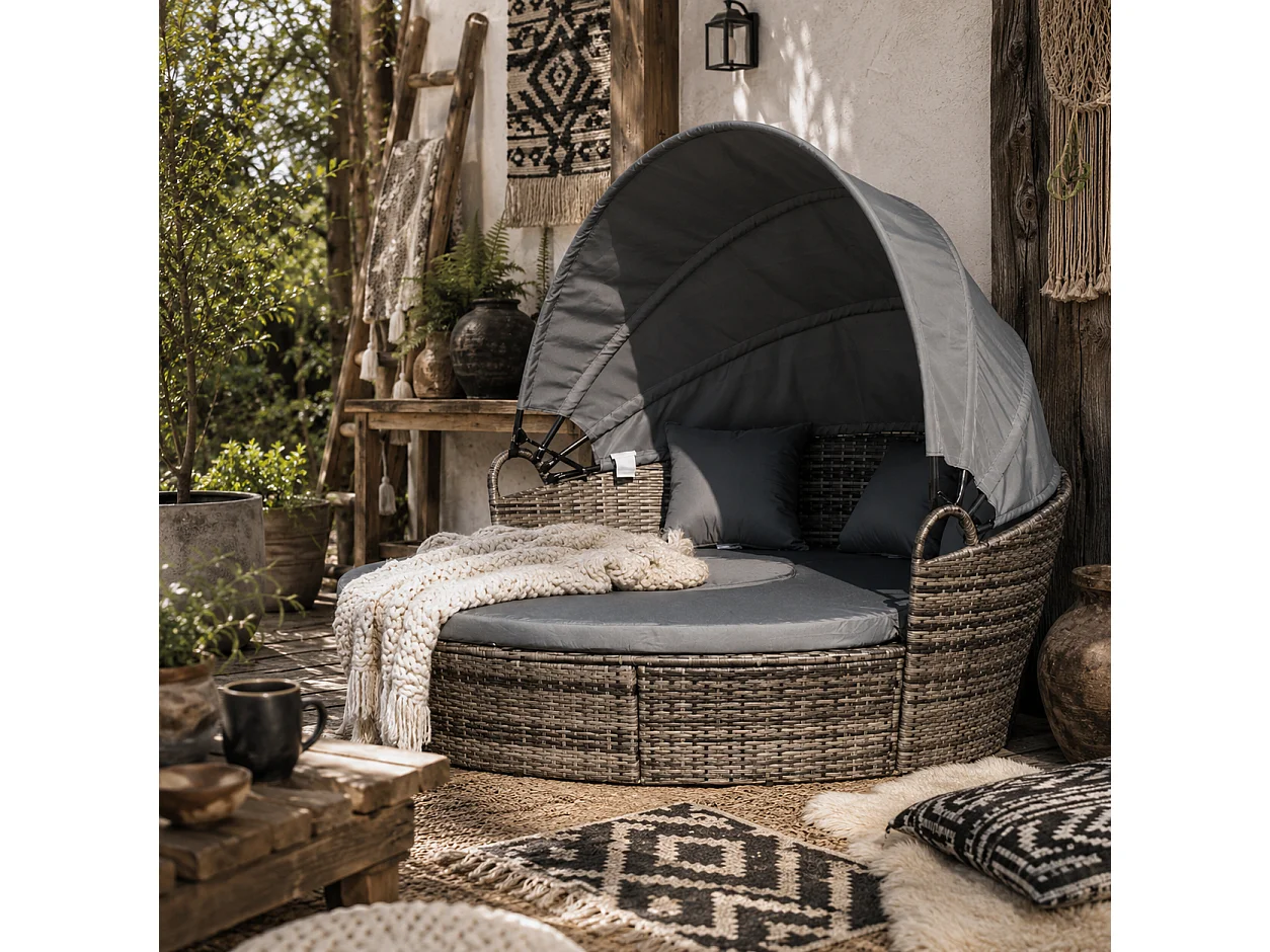 Leluri Dark Grey Round Modular Daybed with Retractable Canopy Table and Cushions