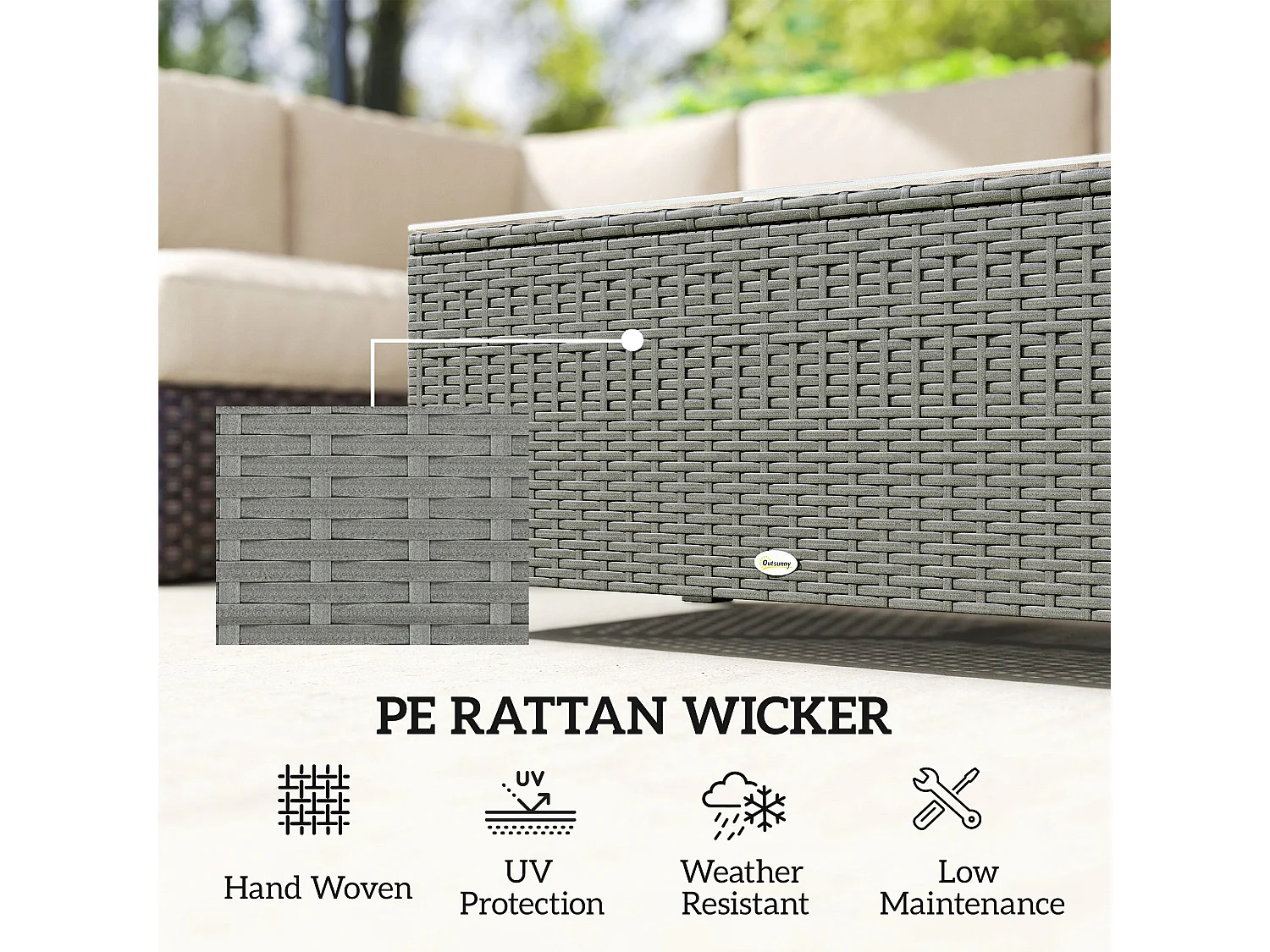 Viluno Pafi Light Grey Rattan Outdoor Coffee Table with 5mm Glass Top