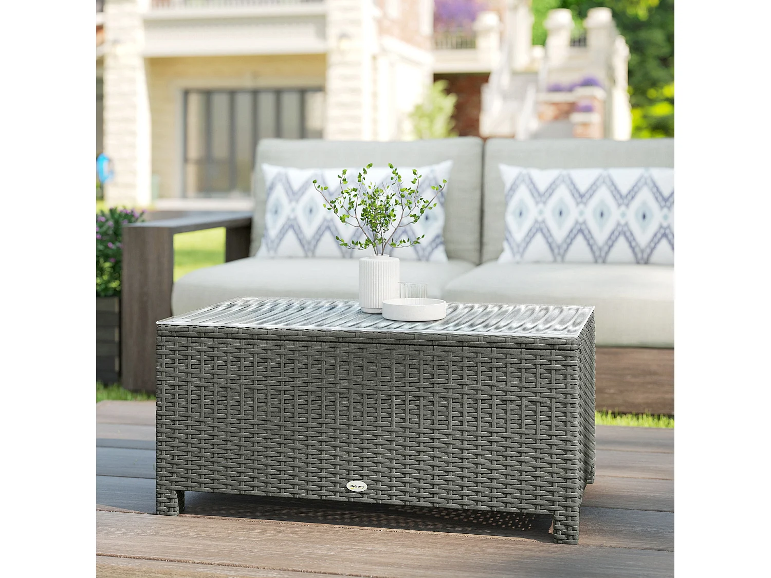 Viluno Pafi Light Grey Rattan Outdoor Coffee Table with 5mm Glass Top