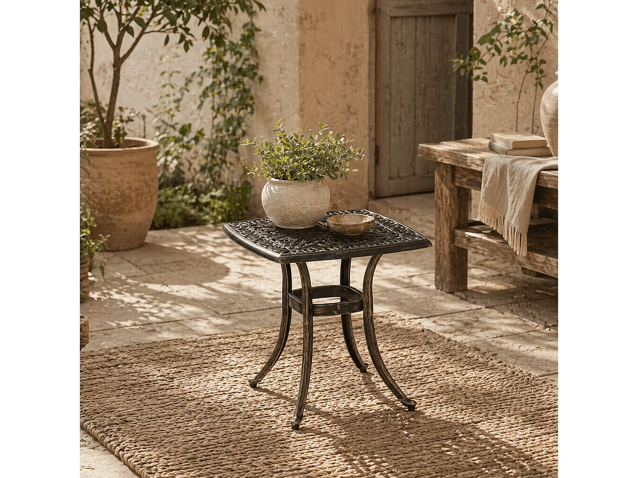Mave Cast Aluminium Bronze Patio Side Table with Central Umbrella Hole