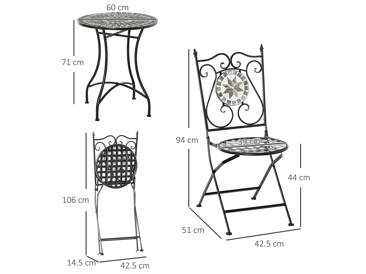 Lilera 3 Piece Grey Mosaic Tile Bistro Set with Folding Metal Chairs