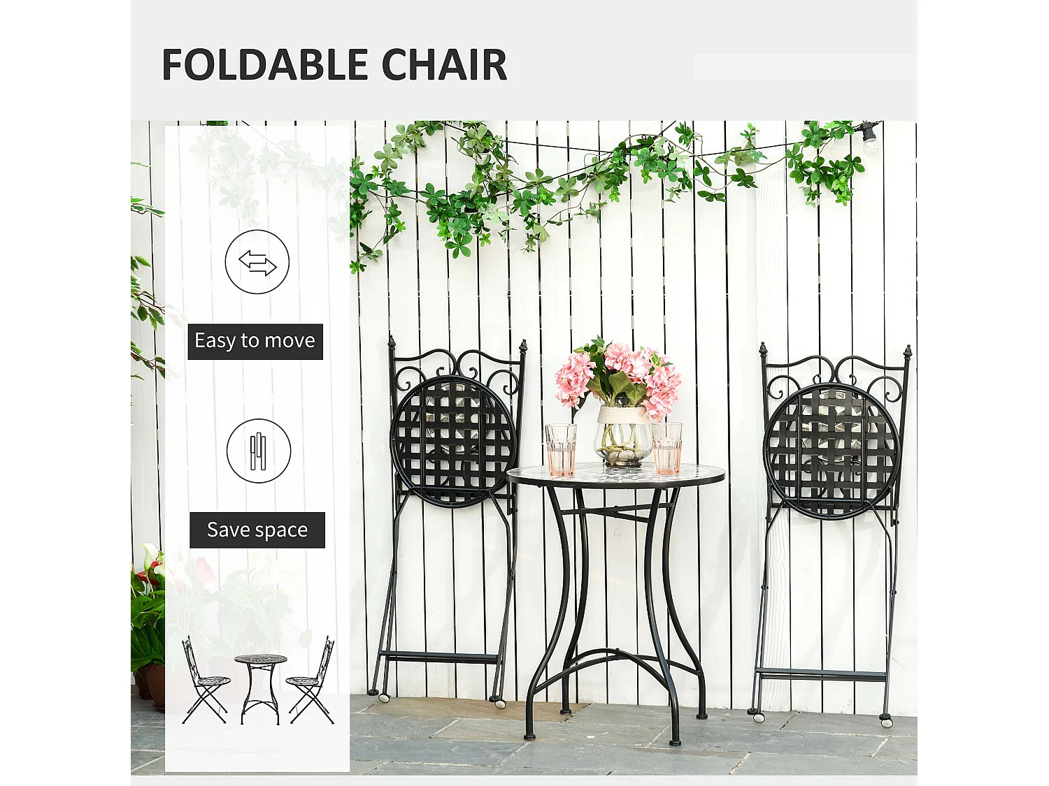 Lilera 3 Piece Grey Mosaic Tile Bistro Set with Folding Metal Chairs
