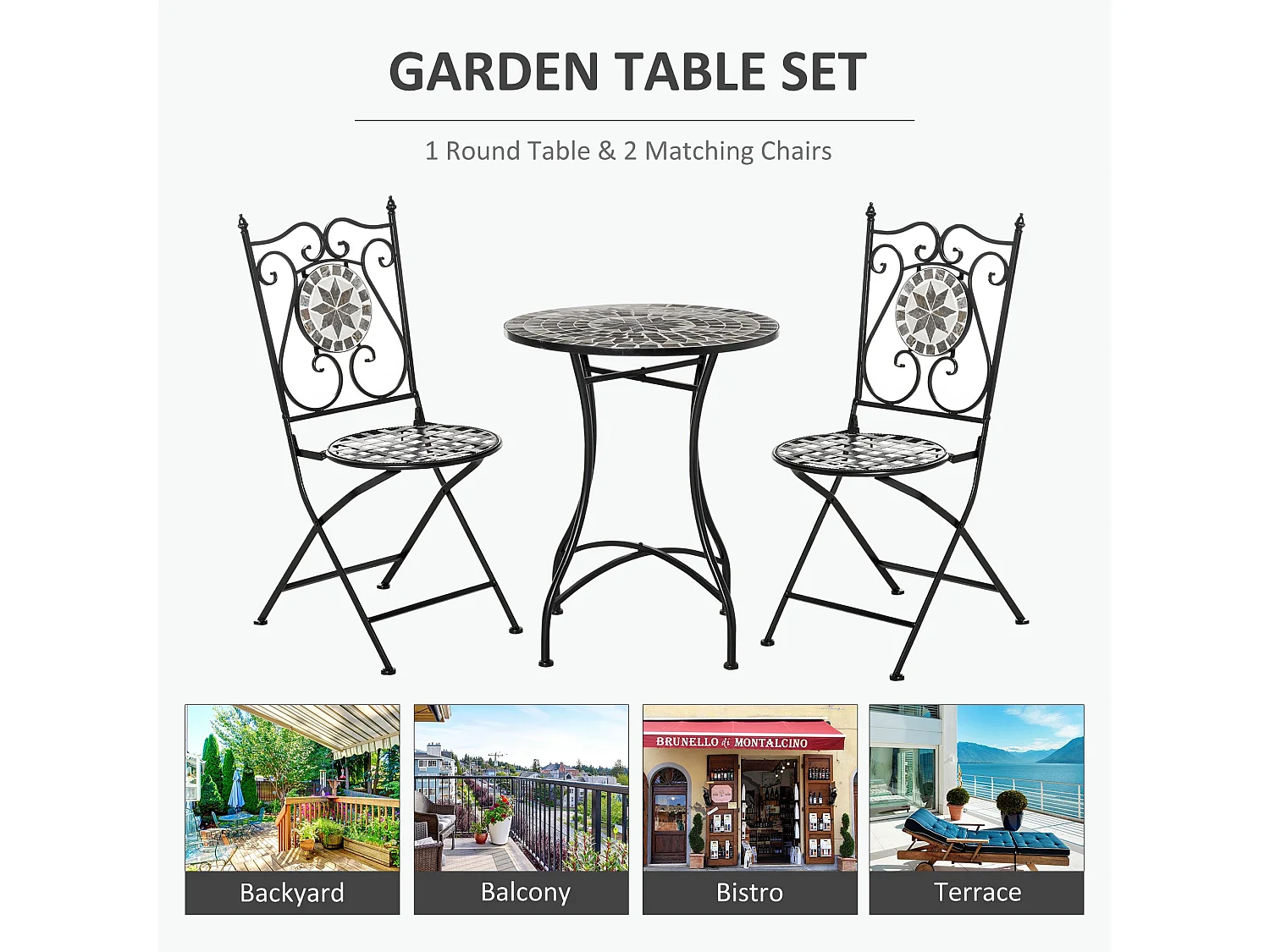 Lilera 3 Piece Grey Mosaic Tile Bistro Set with Folding Metal Chairs