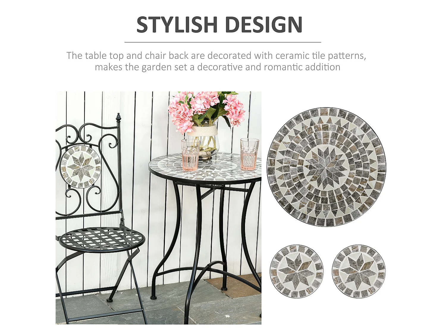 Lilera 3 Piece Grey Mosaic Tile Bistro Set with Folding Metal Chairs
