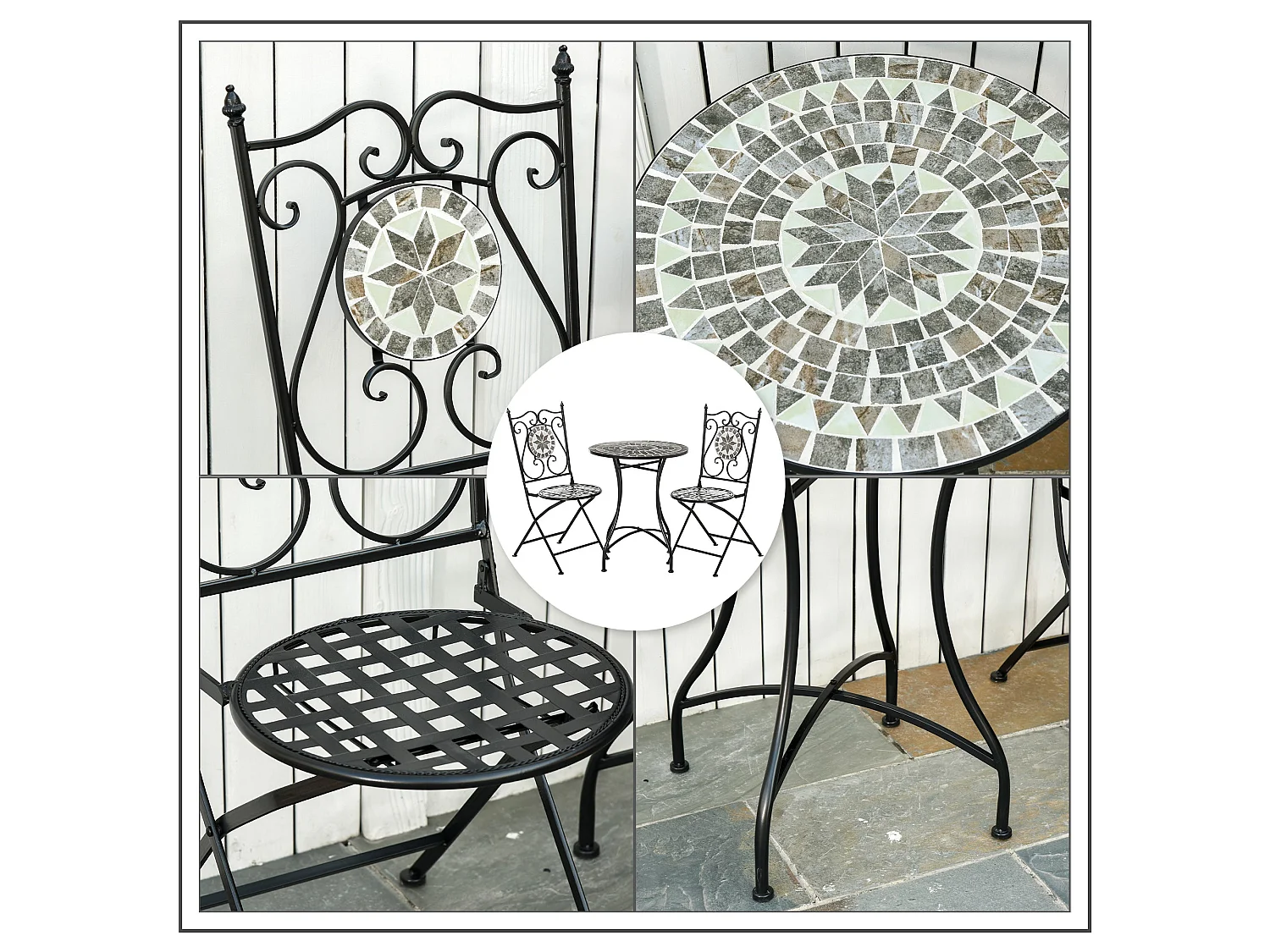 Lilera 3 Piece Grey Mosaic Tile Bistro Set with Folding Metal Chairs