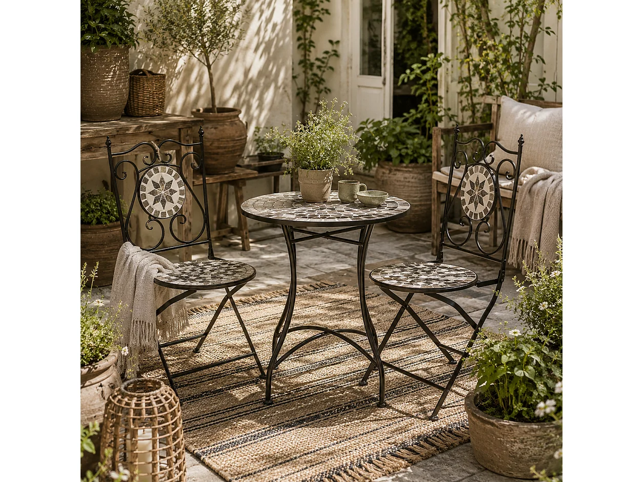 Lilera 3 Piece Grey Mosaic Tile Bistro Set with Folding Metal Chairs