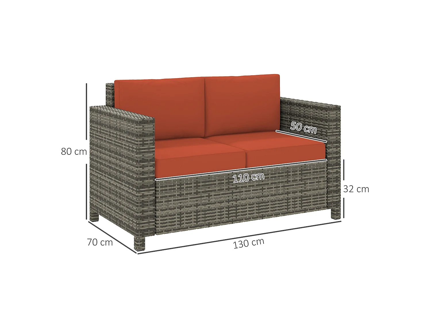Filu 2 Seater Grey Rattan Outdoor Sofa with Orange Cushions