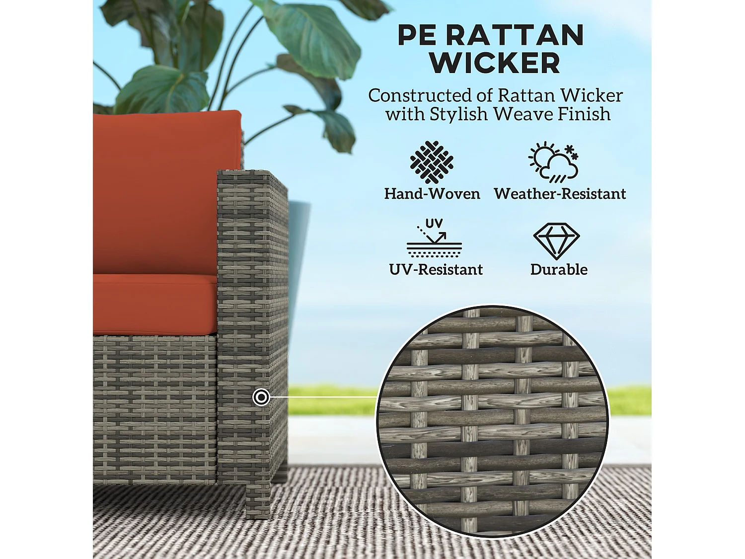 Filu 2 Seater Grey Rattan Outdoor Sofa with Orange Cushions