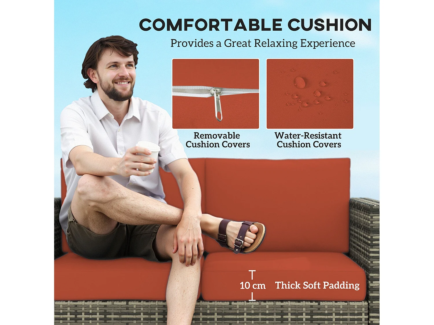 Filu 2 Seater Grey Rattan Outdoor Sofa with Orange Cushions