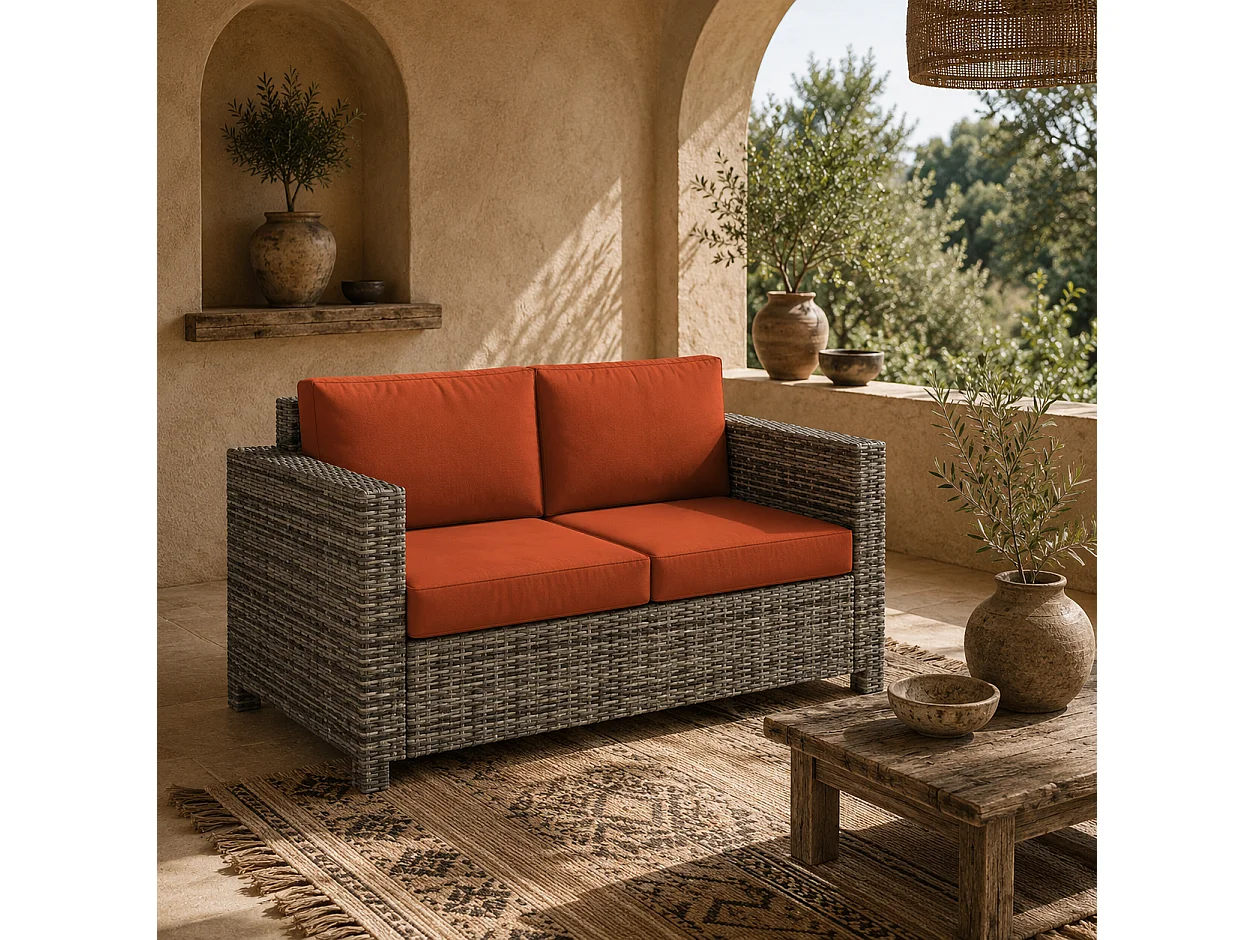 Filu 2 Seater Grey Rattan Outdoor Sofa with Orange Cushions