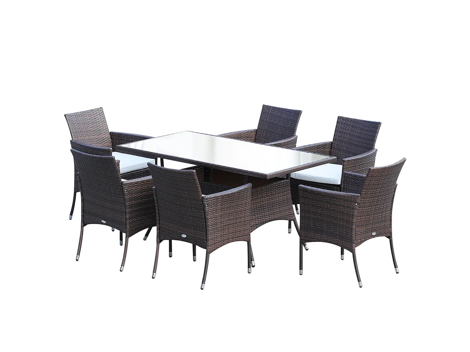 Dine Rattan 6 Seater Outdoor Dining Set Brown PE Rattan Cushioned Armchairs Rectangular Tempered Glass Table