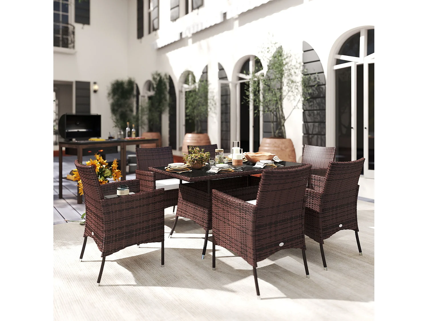 Dine Rattan 6 Seater Outdoor Dining Set Brown PE Rattan Cushioned Armchairs Rectangular Tempered Glass Table