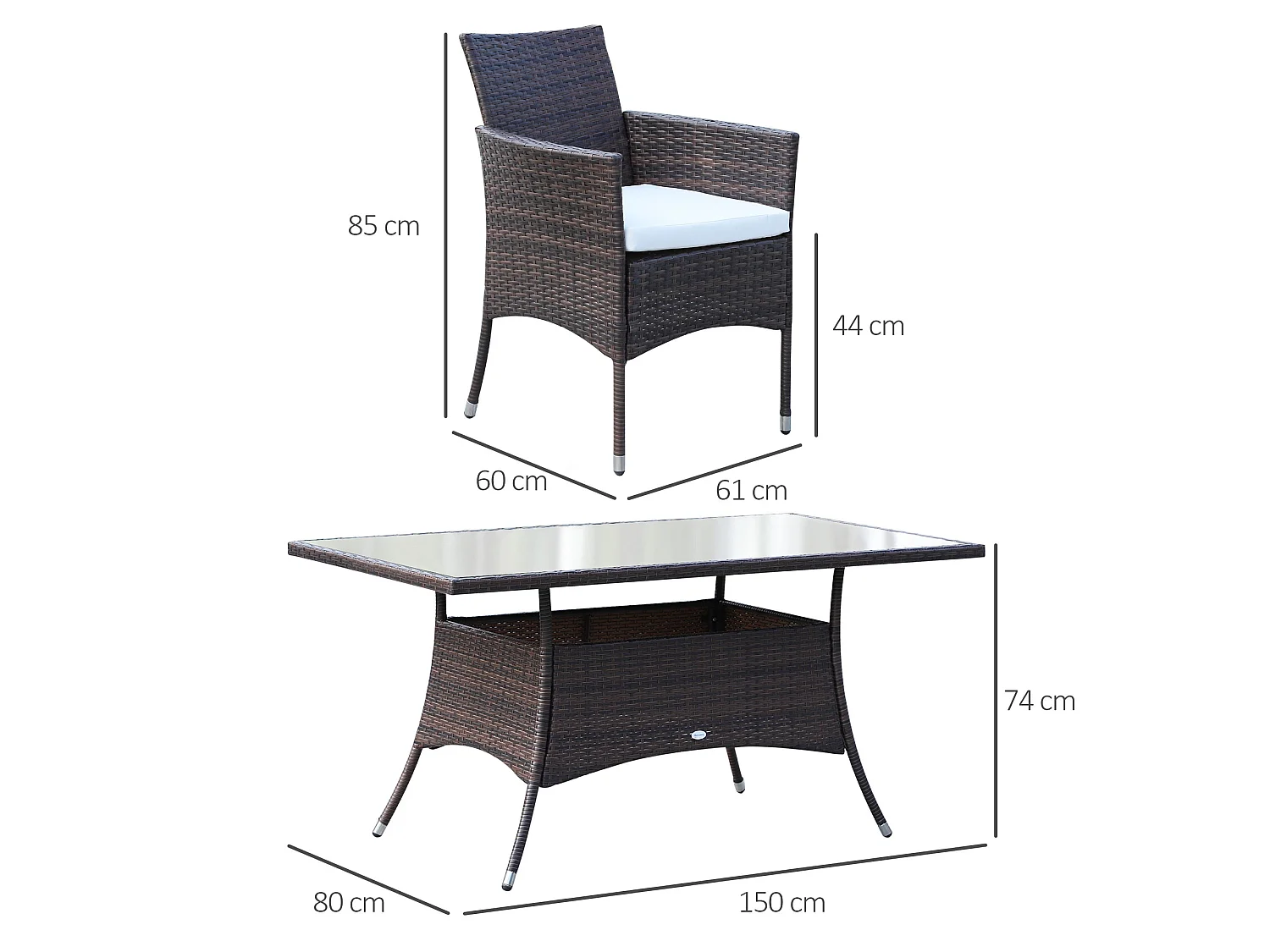 Dine Rattan 6 Seater Outdoor Dining Set Brown PE Rattan Cushioned Armchairs Rectangular Tempered Glass Table