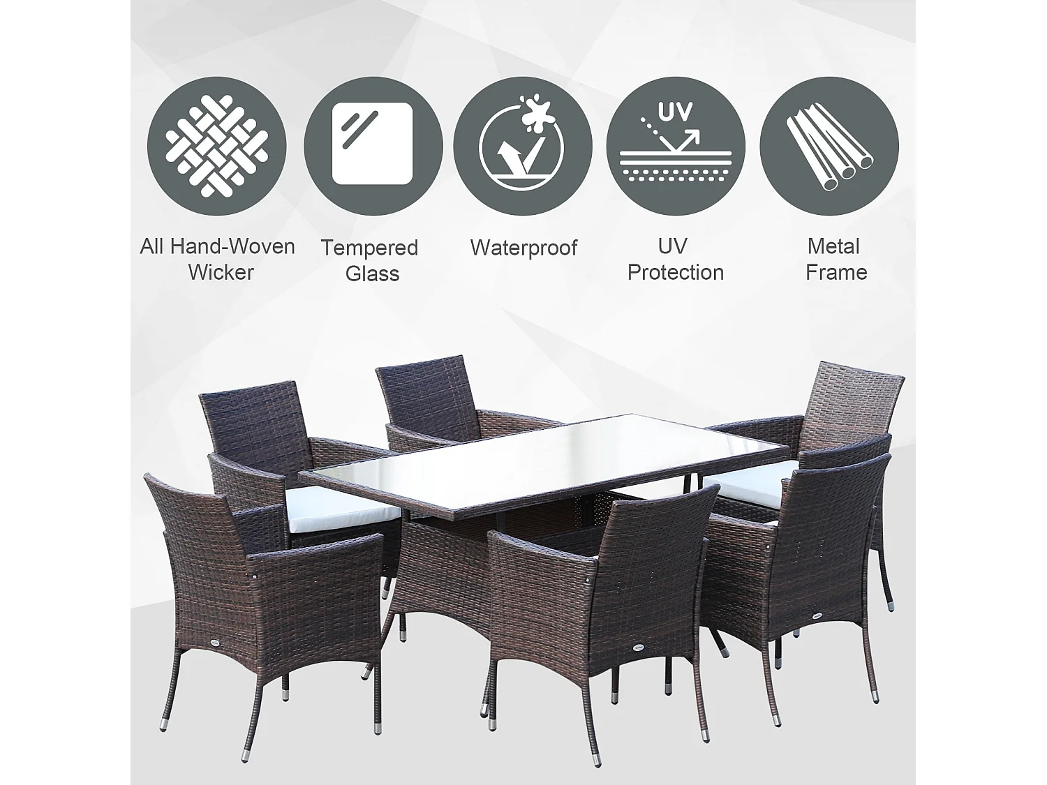 Dine Rattan 6 Seater Outdoor Dining Set Brown PE Rattan Cushioned Armchairs Rectangular Tempered Glass Table