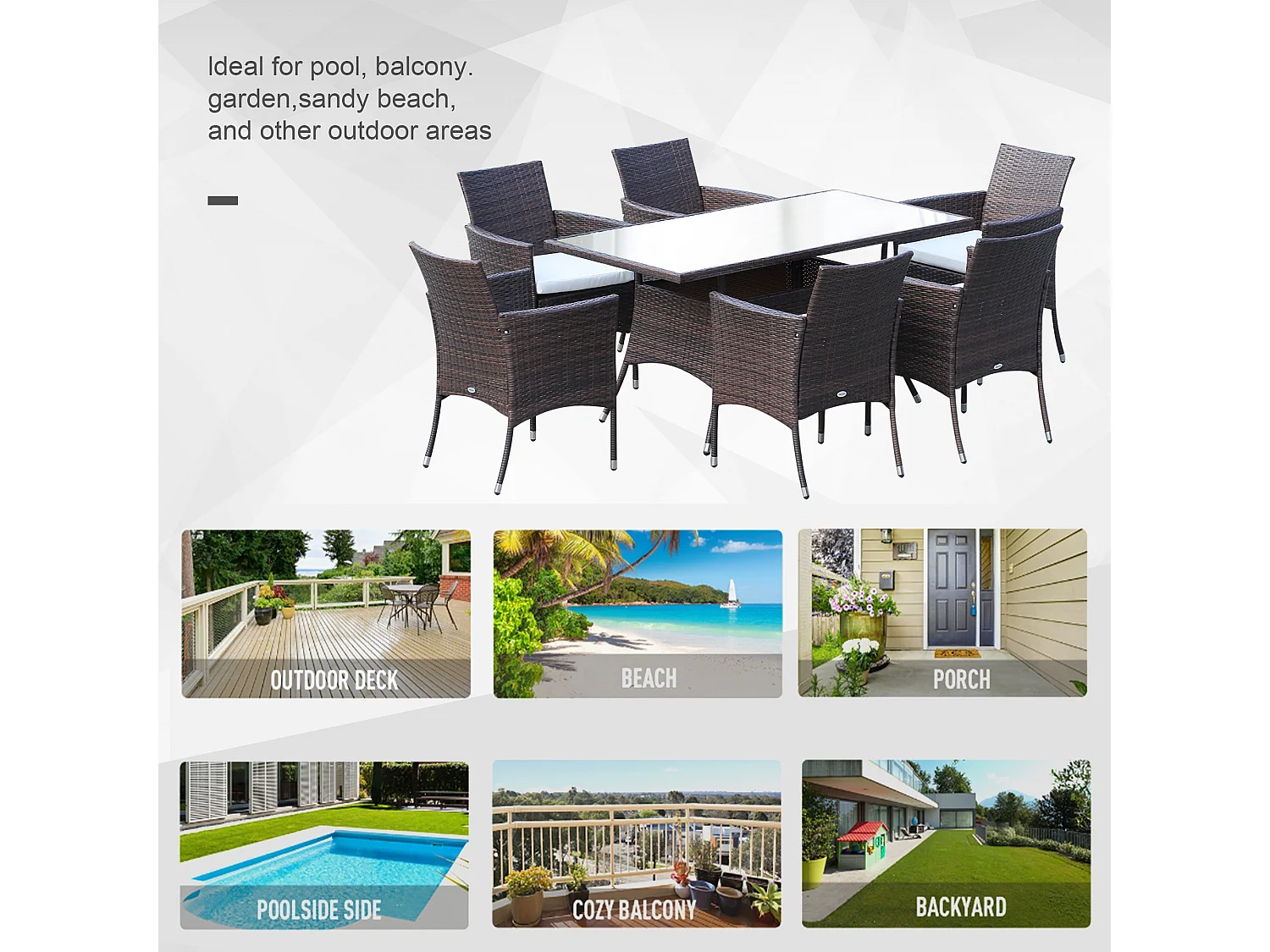 Dine Rattan 6 Seater Outdoor Dining Set Brown PE Rattan Cushioned Armchairs Rectangular Tempered Glass Table