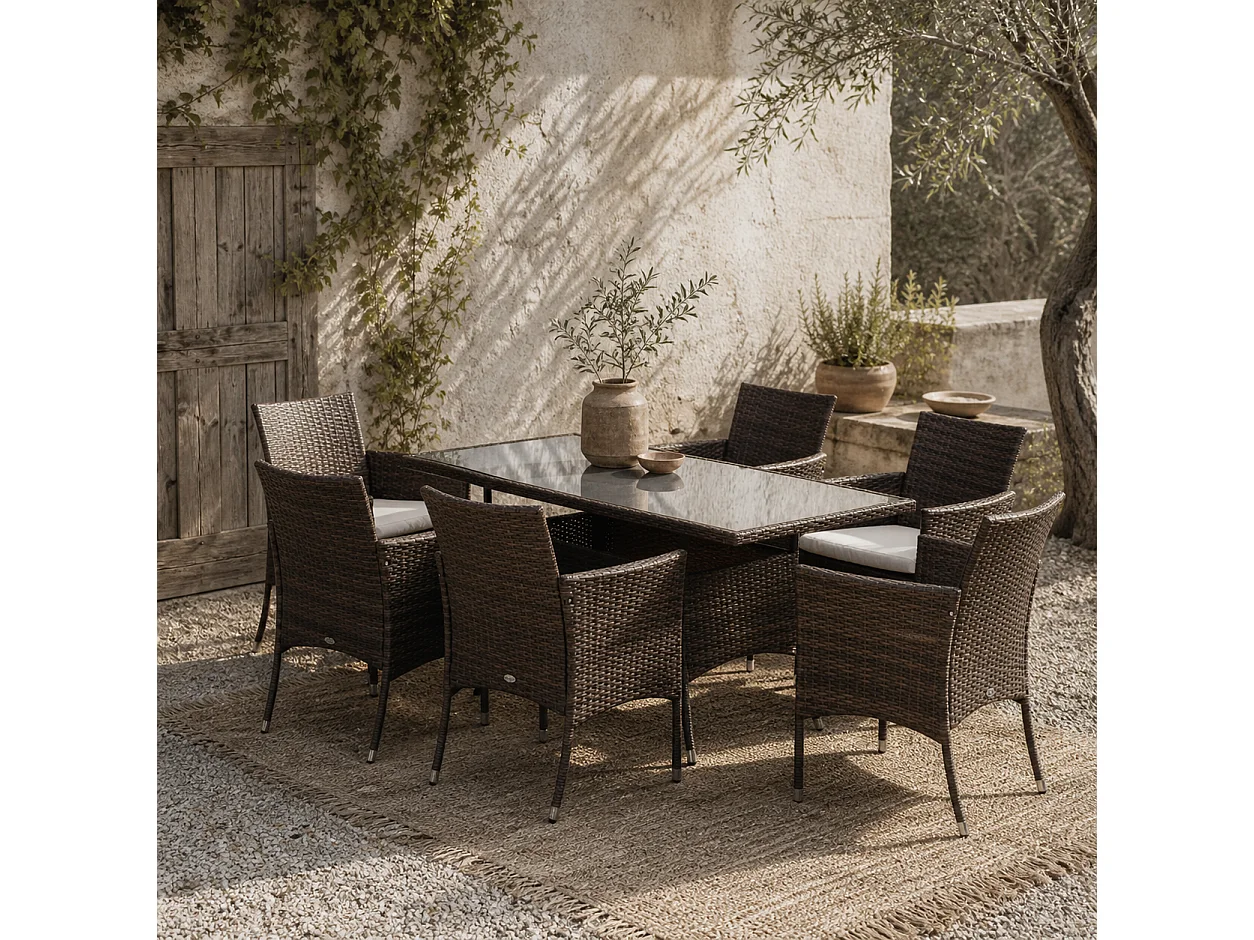 Dine Rattan 6 Seater Outdoor Dining Set Brown PE Rattan Cushioned Armchairs Rectangular Tempered Glass Table