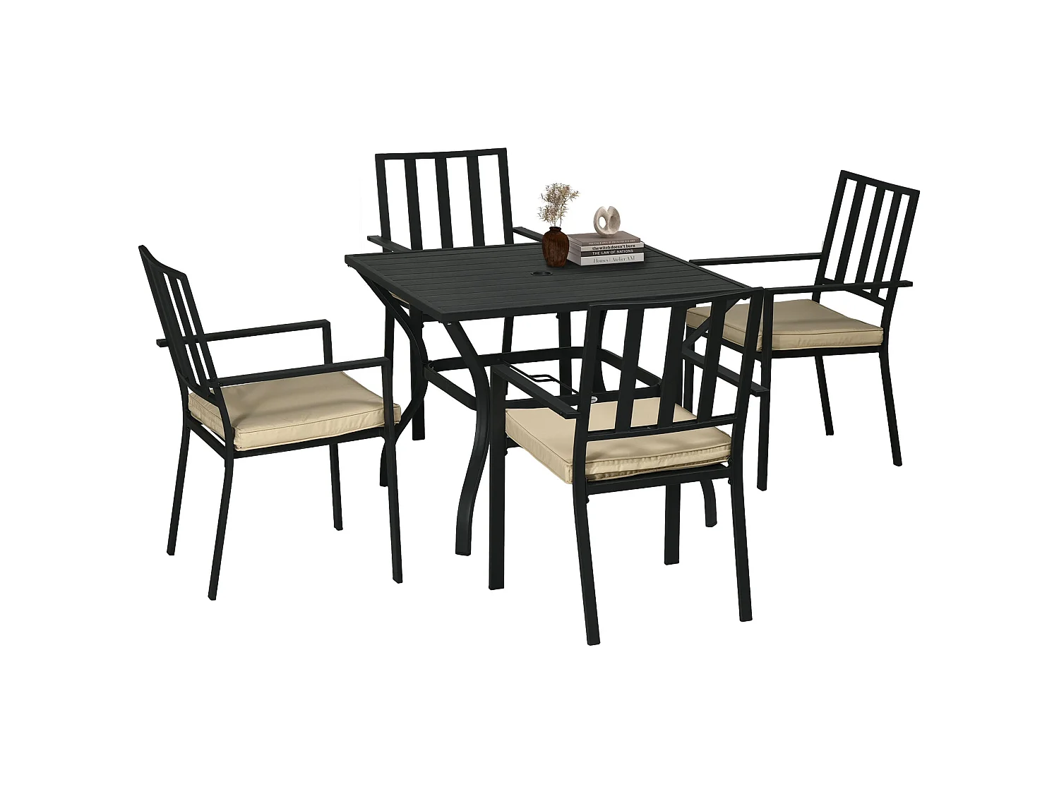 Nonilu 4 Seater Garden Dining Set Square Metal Table Stackable Chairs Cushions Parasol Hole