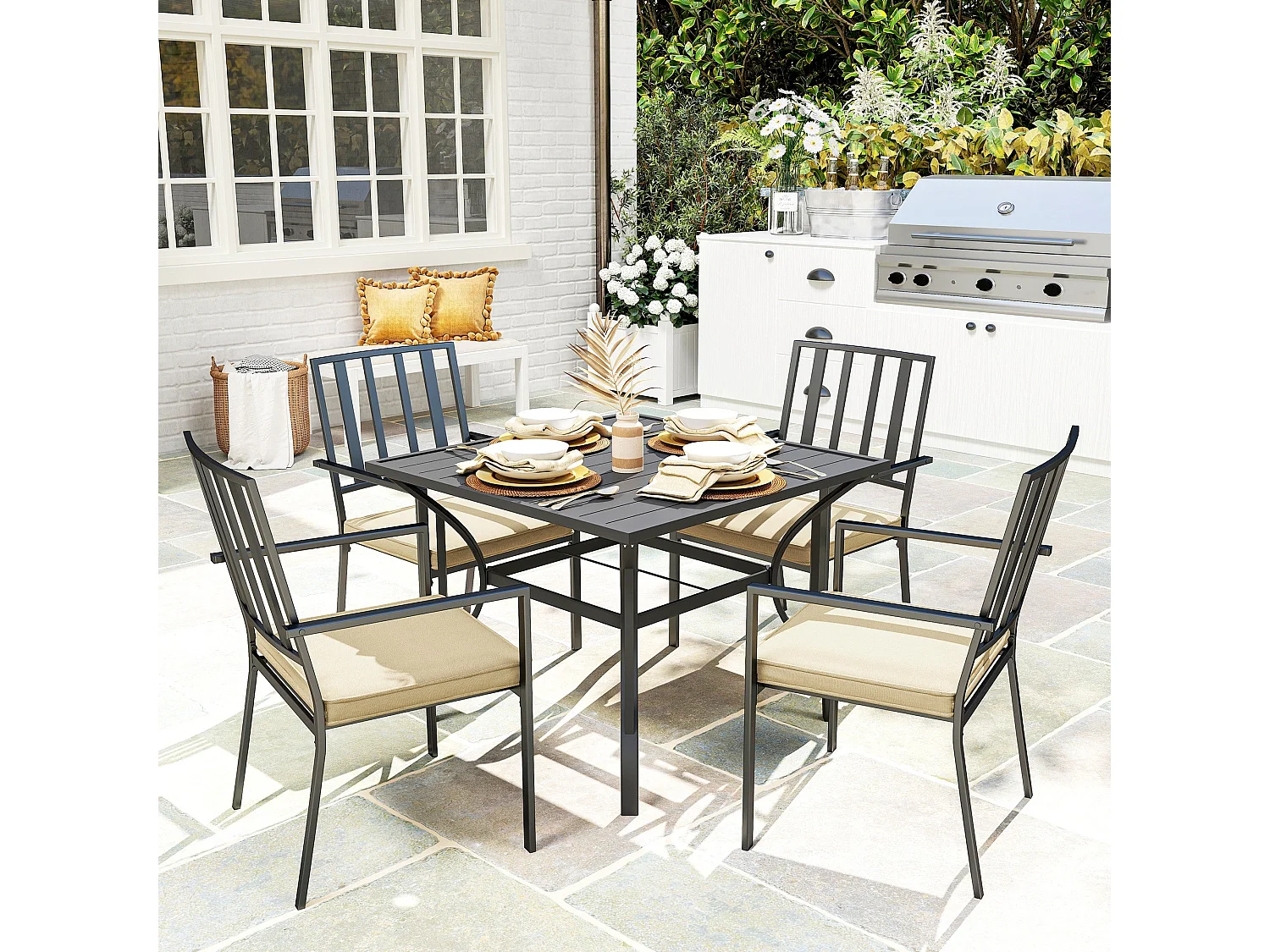 Nonilu 4 Seater Garden Dining Set Square Metal Table Stackable Chairs Cushions Parasol Hole