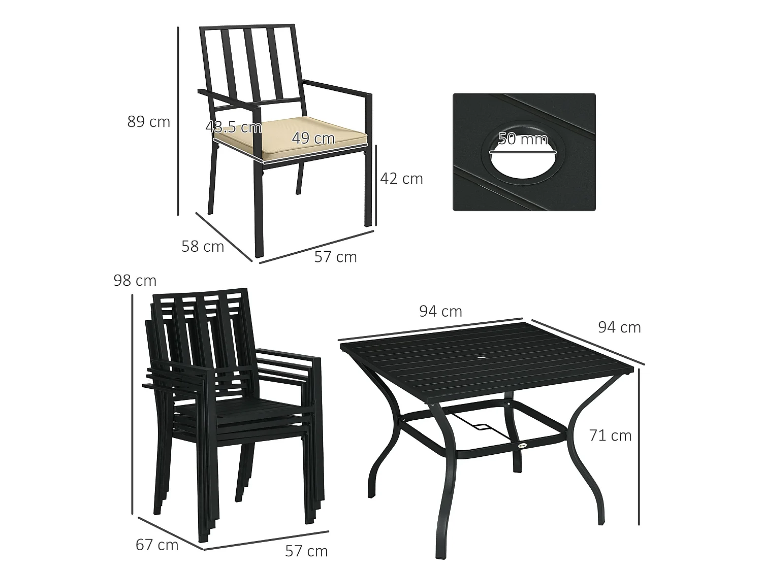 Nonilu 4 Seater Garden Dining Set Square Metal Table Stackable Chairs Cushions Parasol Hole