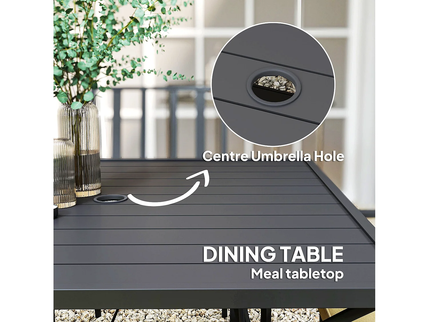 Nonilu 4 Seater Garden Dining Set Square Metal Table Stackable Chairs Cushions Parasol Hole