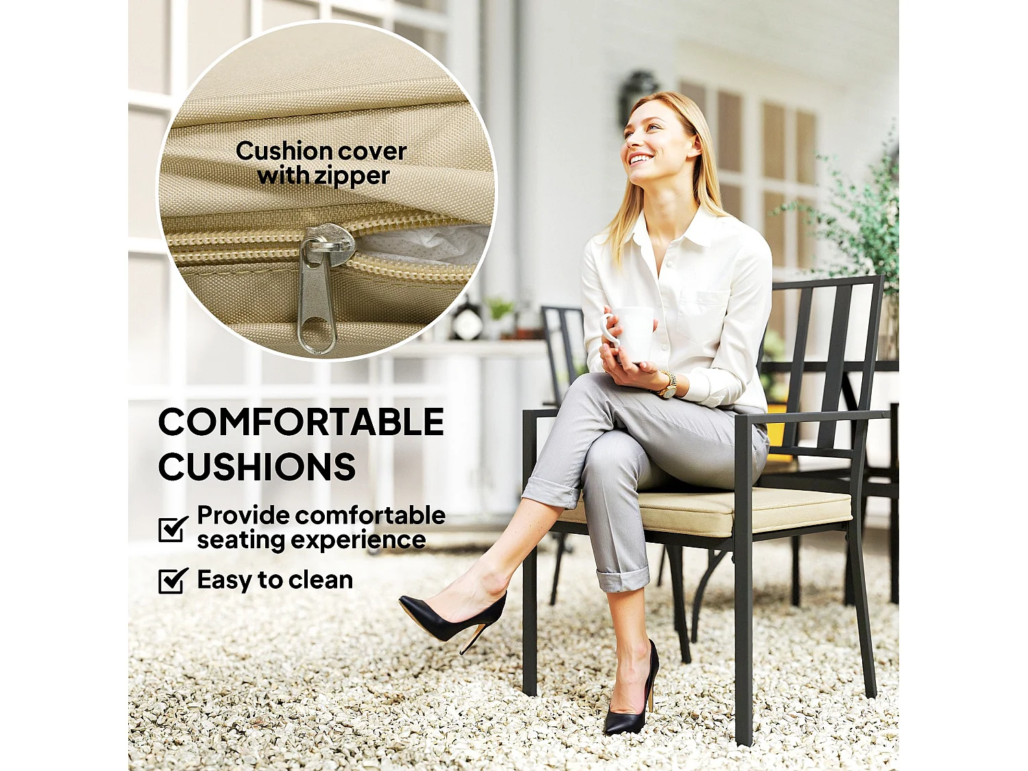 Nonilu 4 Seater Garden Dining Set Square Metal Table Stackable Chairs Cushions Parasol Hole