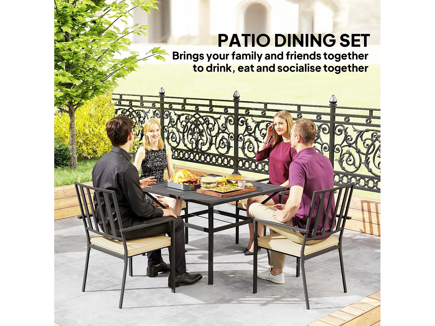 Nonilu 4 Seater Garden Dining Set Square Metal Table Stackable Chairs Cushions Parasol Hole
