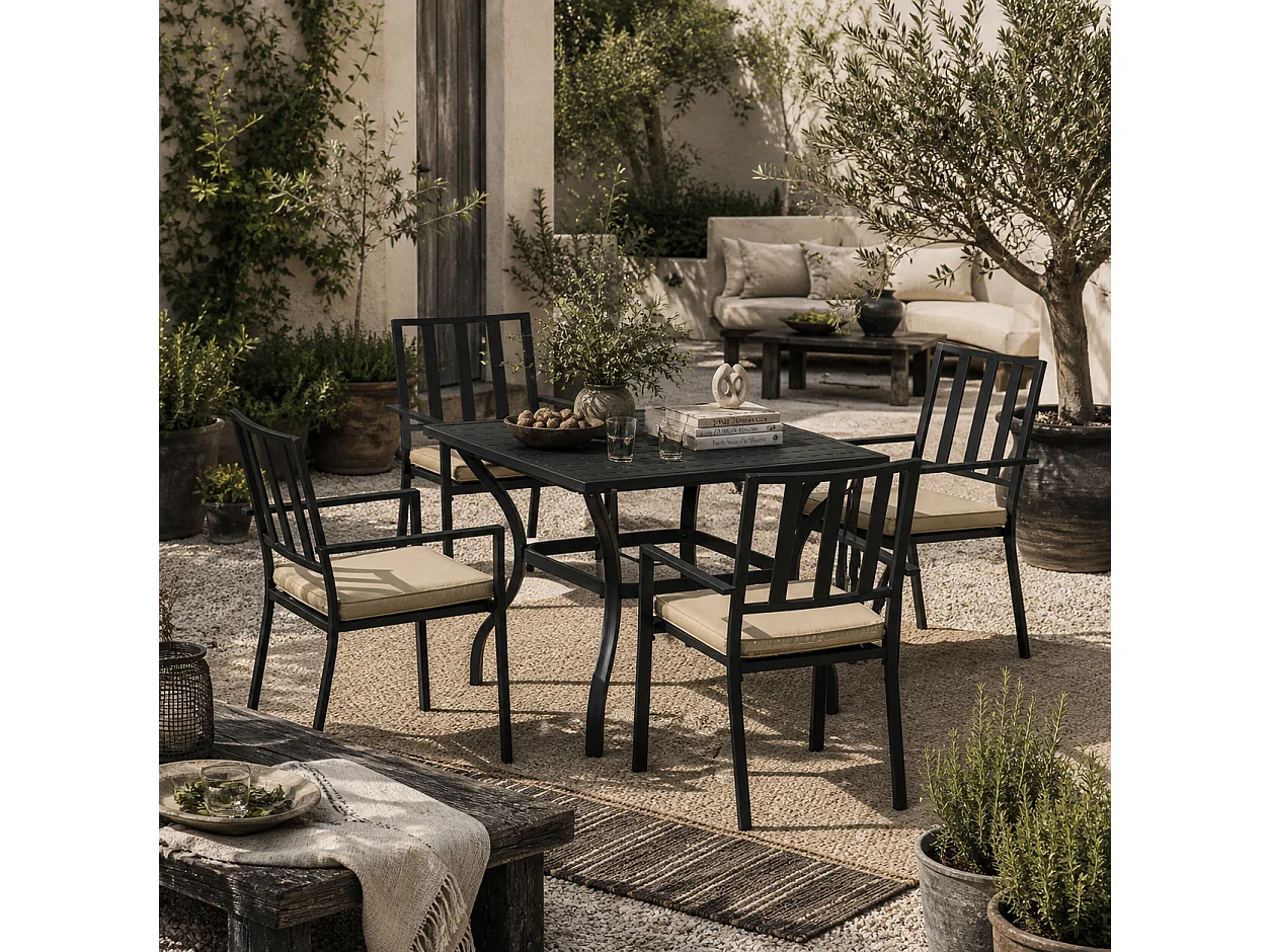 Nonilu 4 Seater Garden Dining Set Square Metal Table Stackable Chairs Cushions Parasol Hole