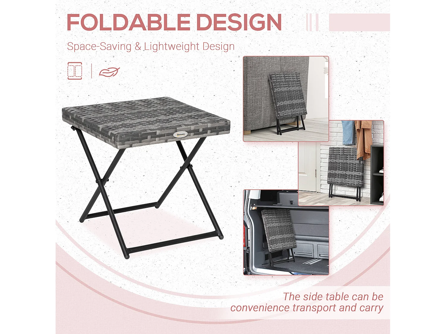 Tasaso Grey Faux Rattan Square Folding Side Table Steel Frame