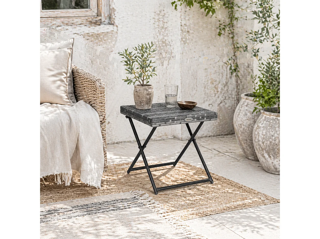 Tasaso Grey Faux Rattan Square Folding Side Table Steel Frame