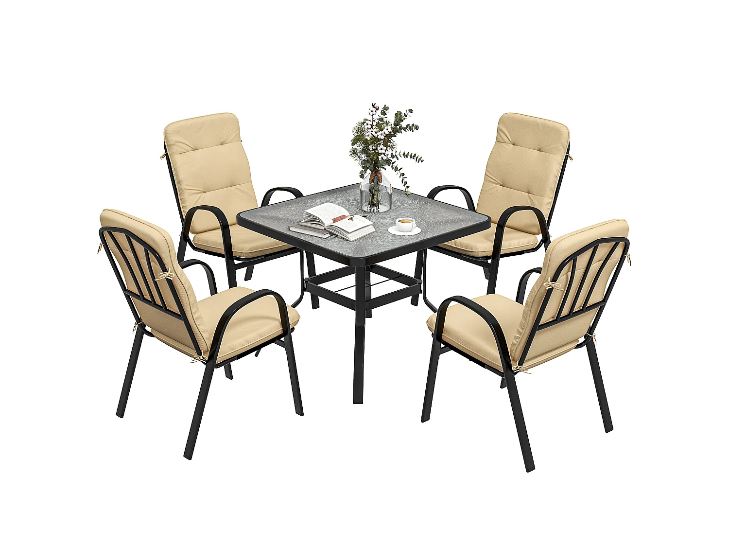 Sukeco Luve 4 Seater Cream Square Outdoor Dining Set with Tempered Glass and Parasol Hole
