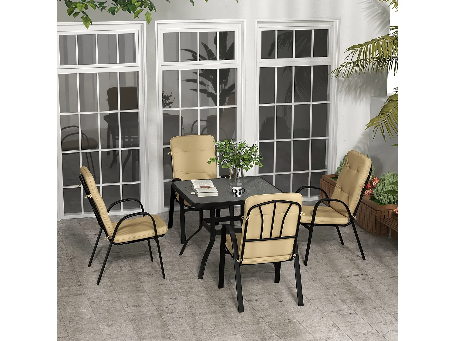 Sukeco Luve 4 Seater Cream Square Outdoor Dining Set with Tempered Glass and Parasol Hole