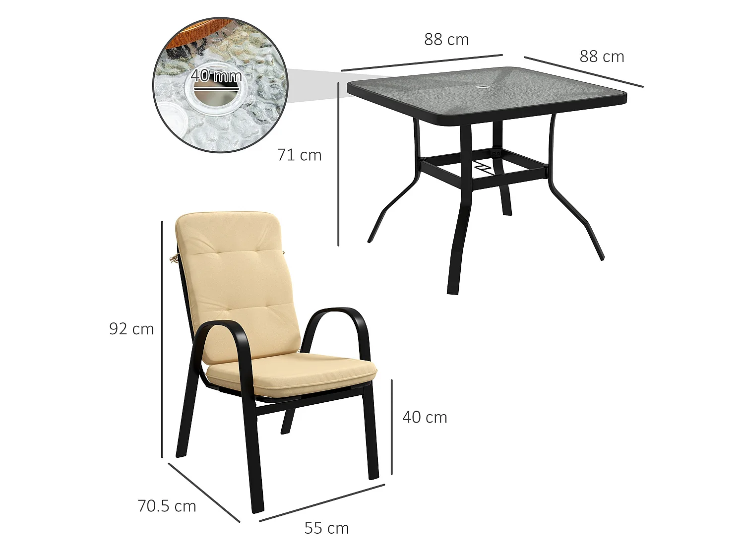 Sukeco Luve 4 Seater Cream Square Outdoor Dining Set with Tempered Glass and Parasol Hole