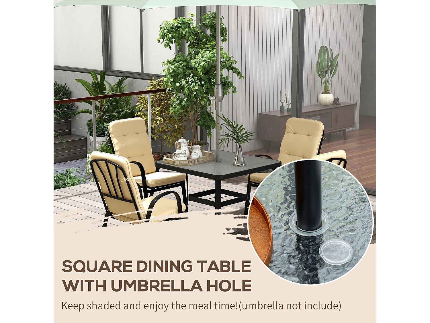 Sukeco Luve 4 Seater Cream Square Outdoor Dining Set with Tempered Glass and Parasol Hole
