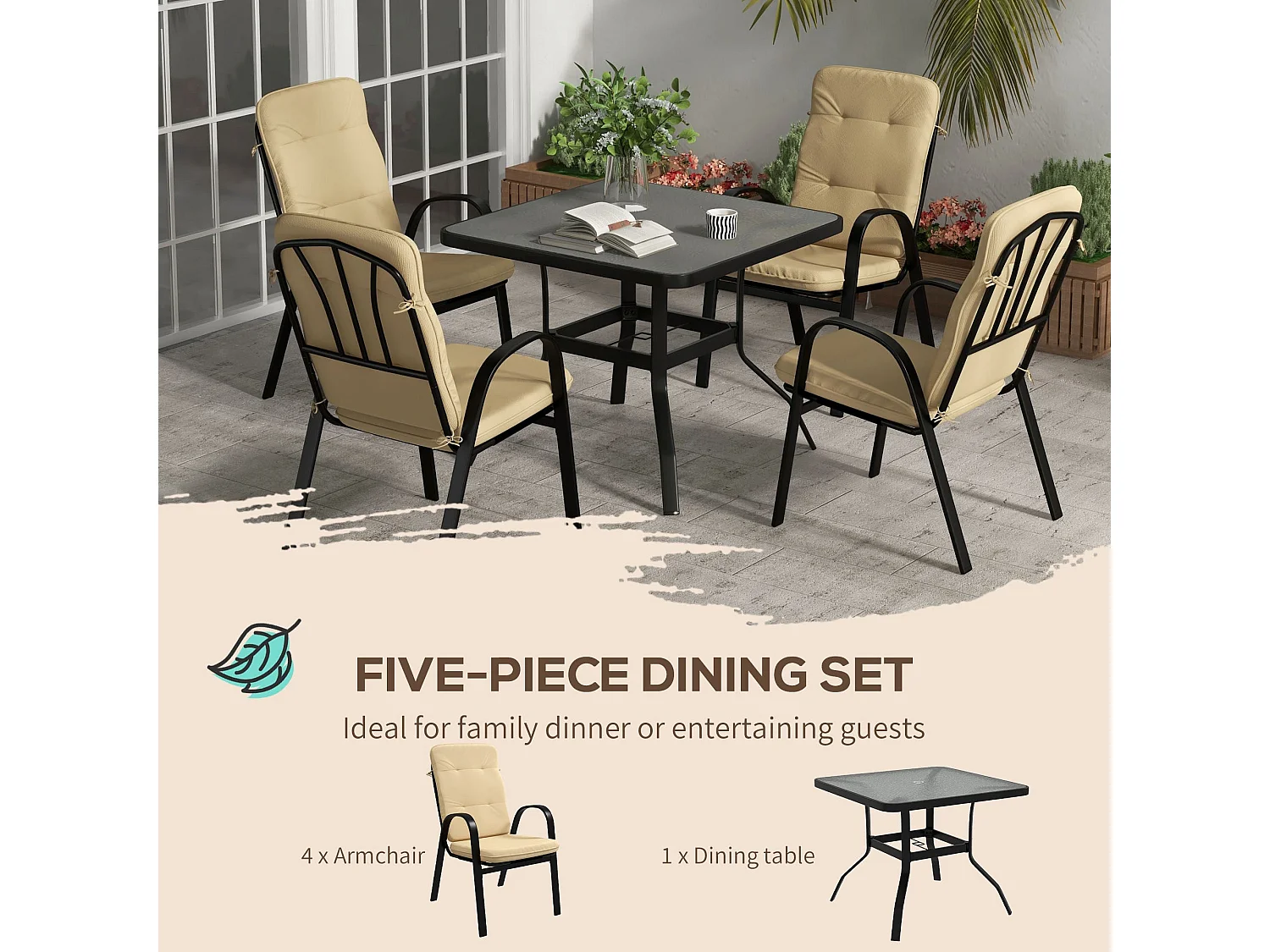 Sukeco Luve 4 Seater Cream Square Outdoor Dining Set with Tempered Glass and Parasol Hole