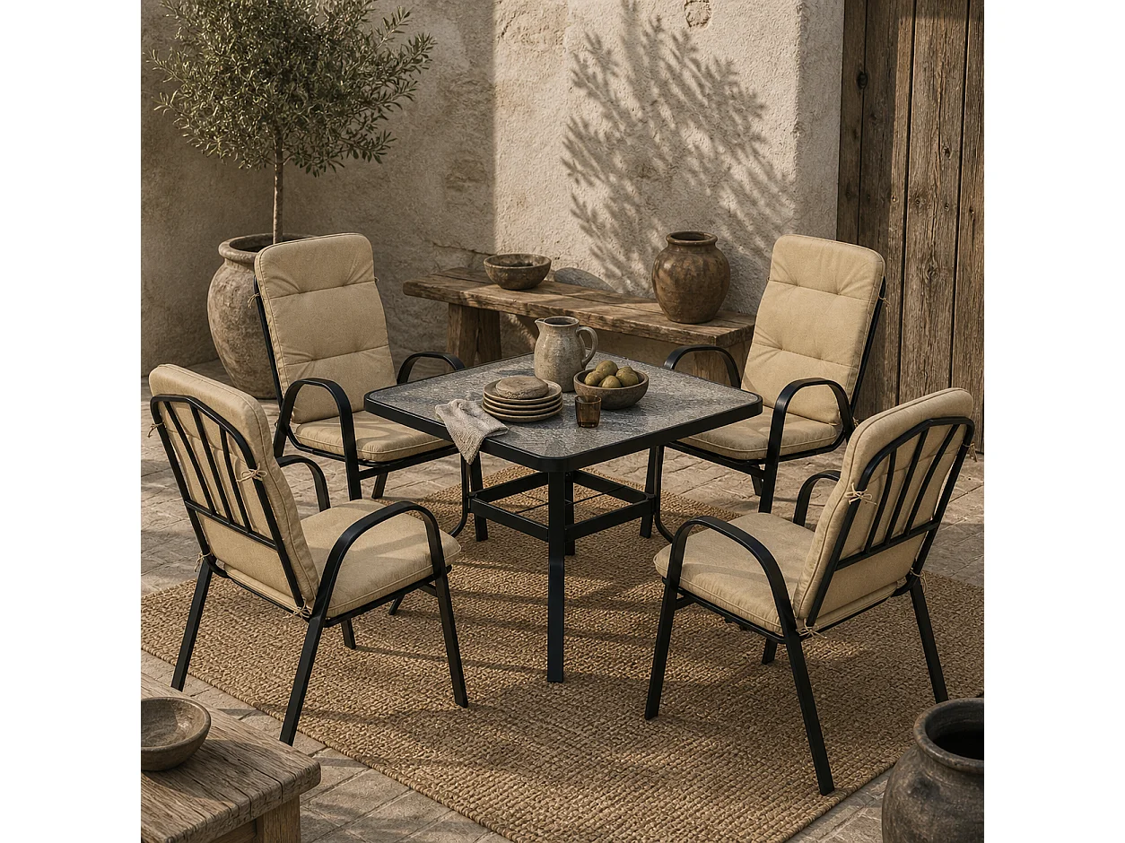 Sukeco Luve 4 Seater Cream Square Outdoor Dining Set with Tempered Glass and Parasol Hole