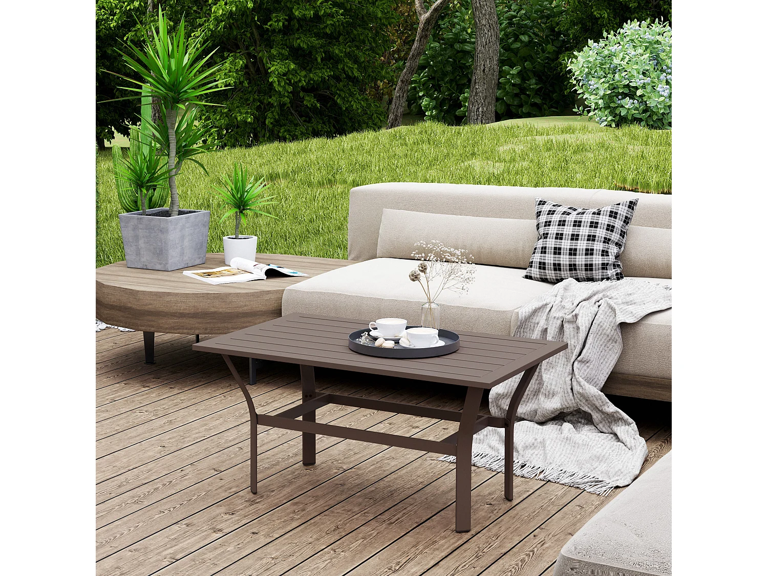 Dosu Yoba Outdoor Rectangular Coffee Table Brown Metal Frame with Slatted Wooden Top