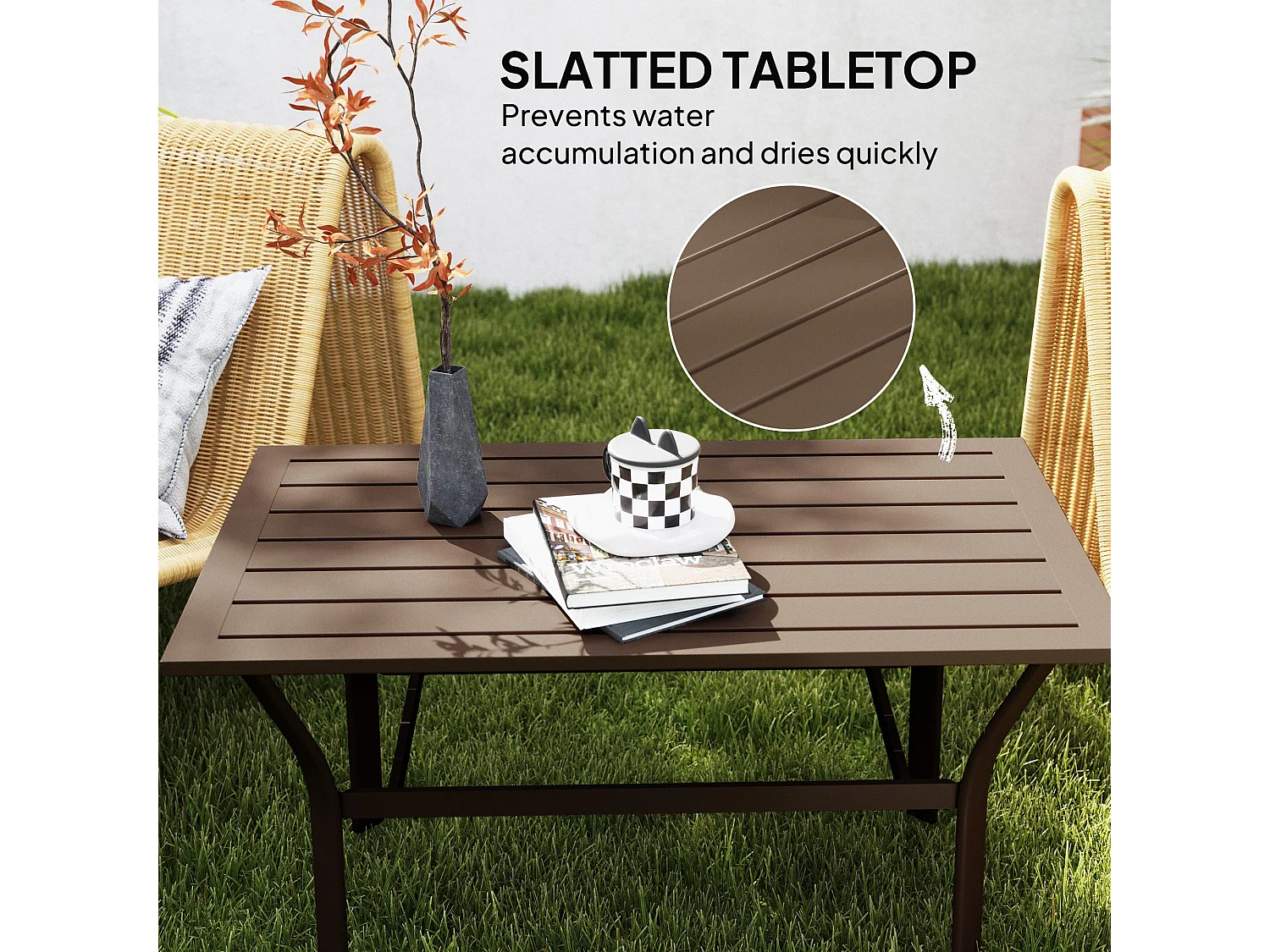 Dosu Yoba Outdoor Rectangular Coffee Table Brown Metal Frame with Slatted Wooden Top