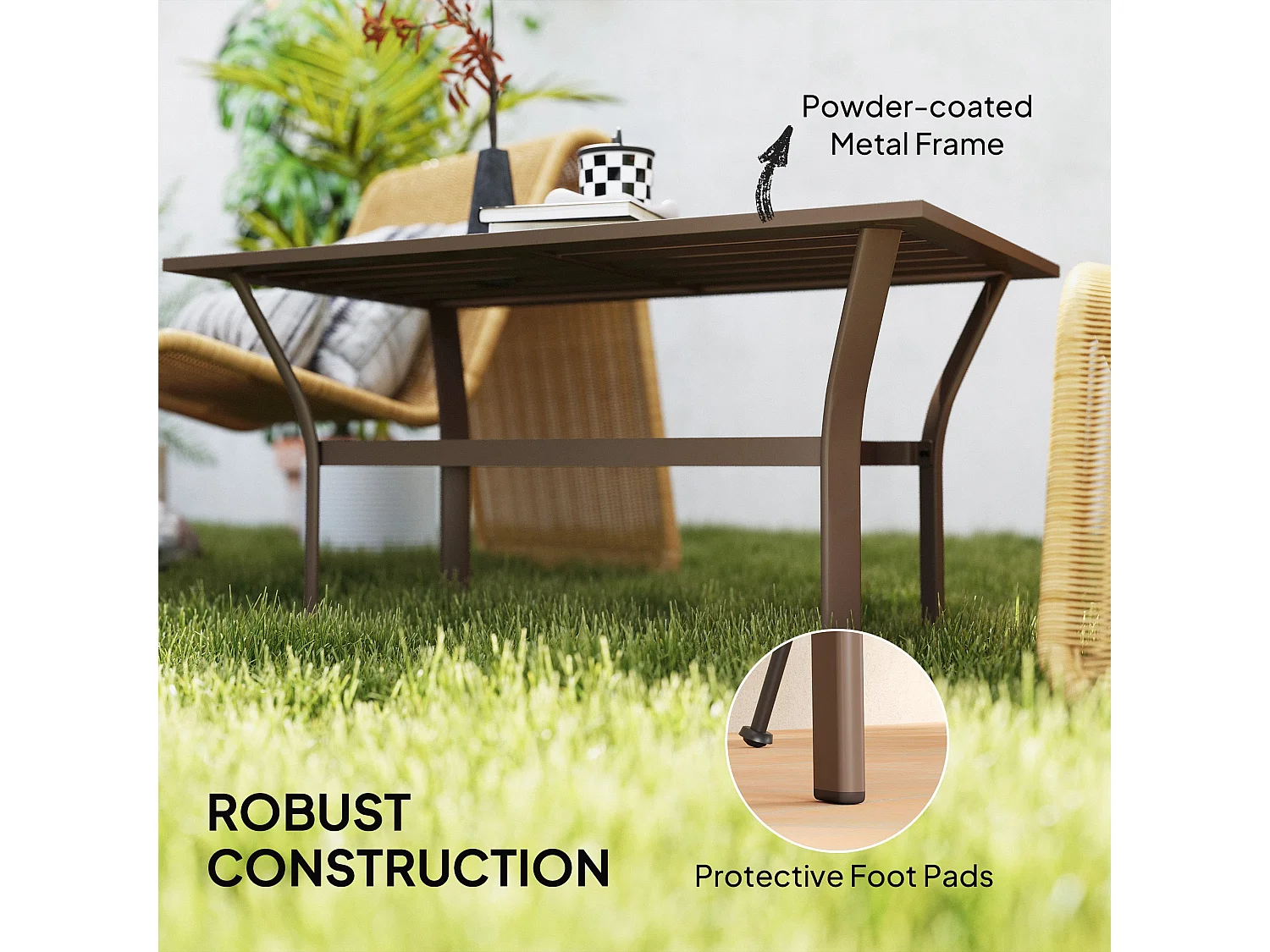 Dosu Yoba Outdoor Rectangular Coffee Table Brown Metal Frame with Slatted Wooden Top