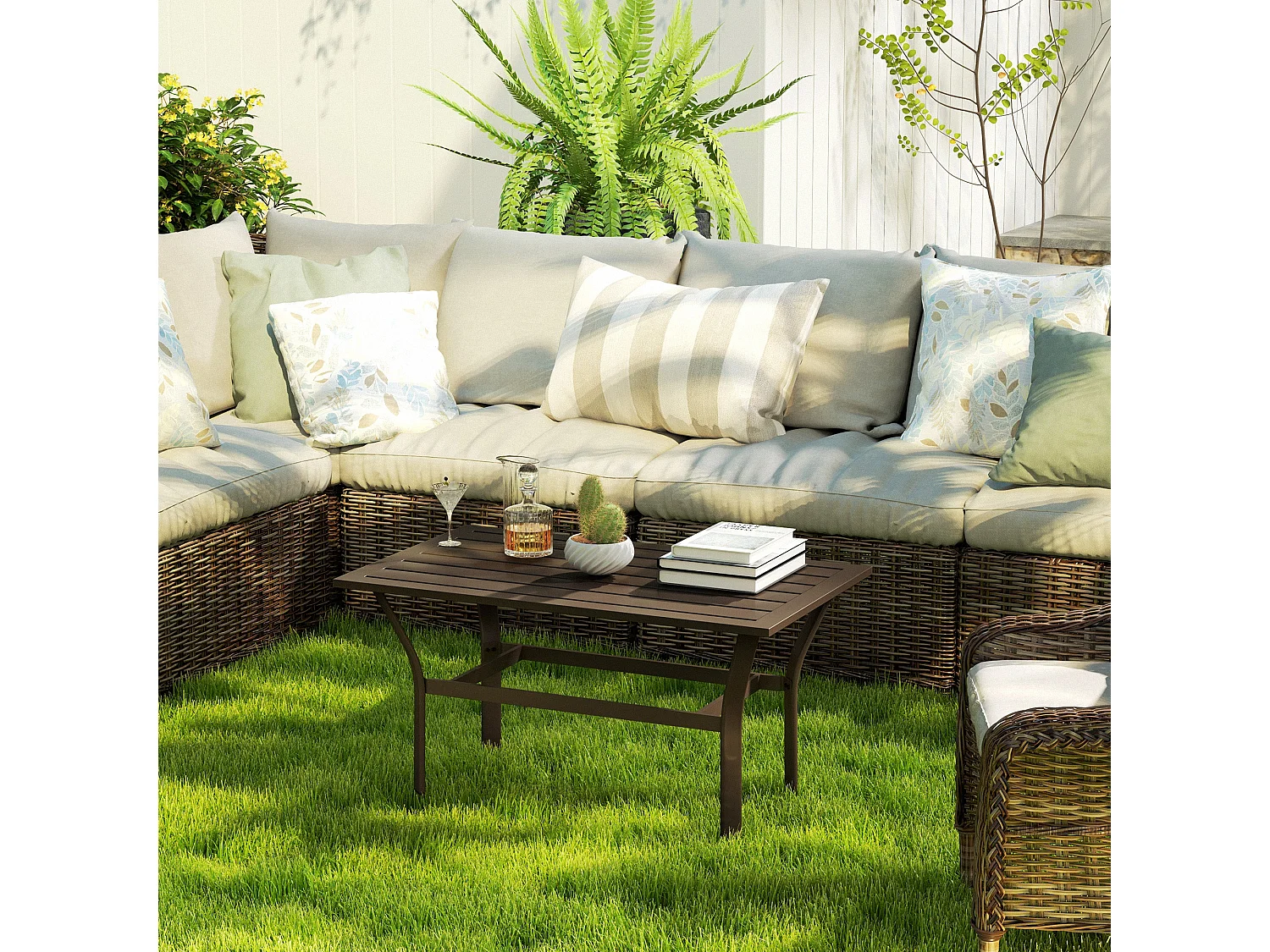 Dosu Yoba Outdoor Rectangular Coffee Table Brown Metal Frame with Slatted Wooden Top