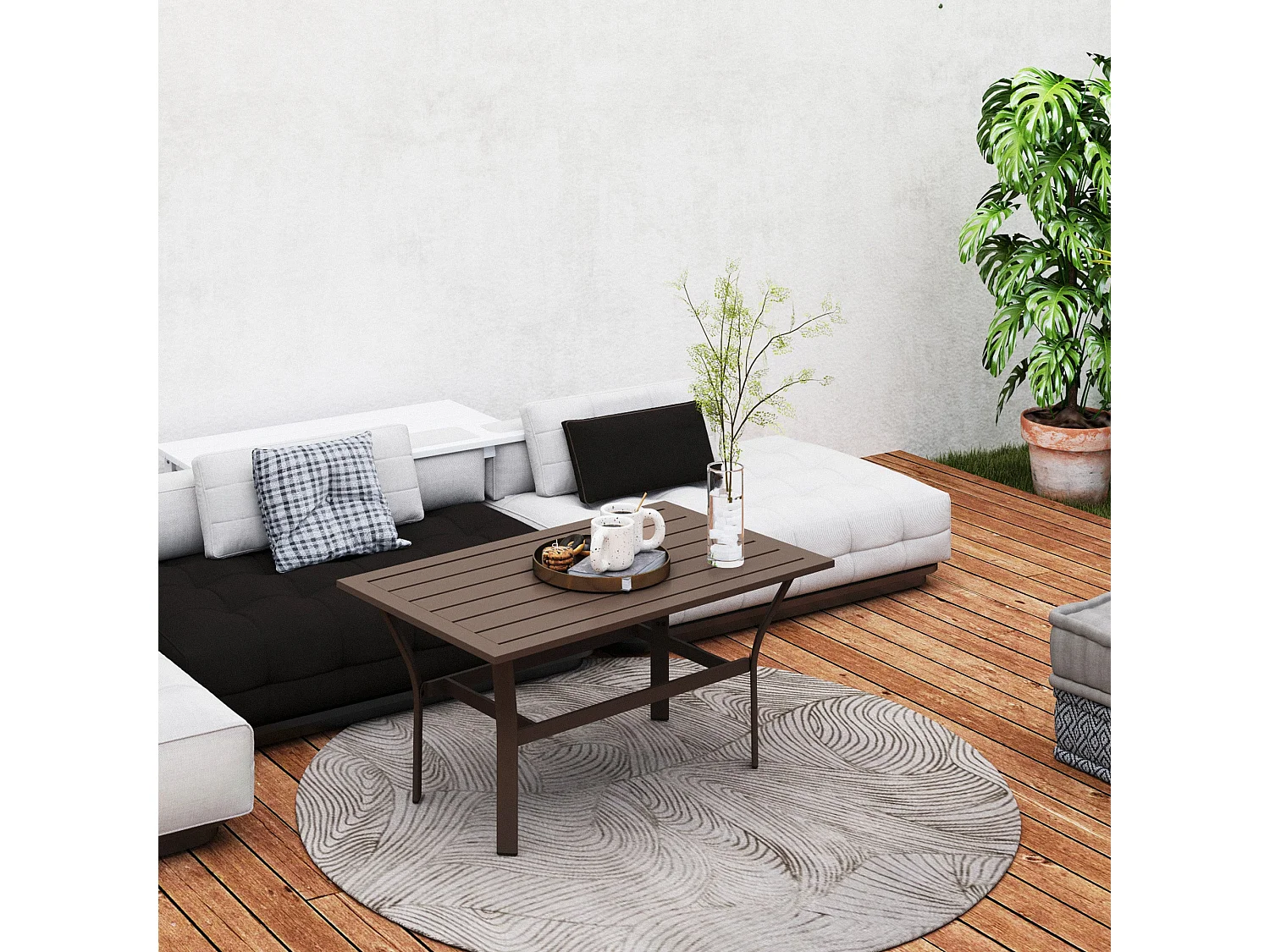 Dosu Yoba Outdoor Rectangular Coffee Table Brown Metal Frame with Slatted Wooden Top