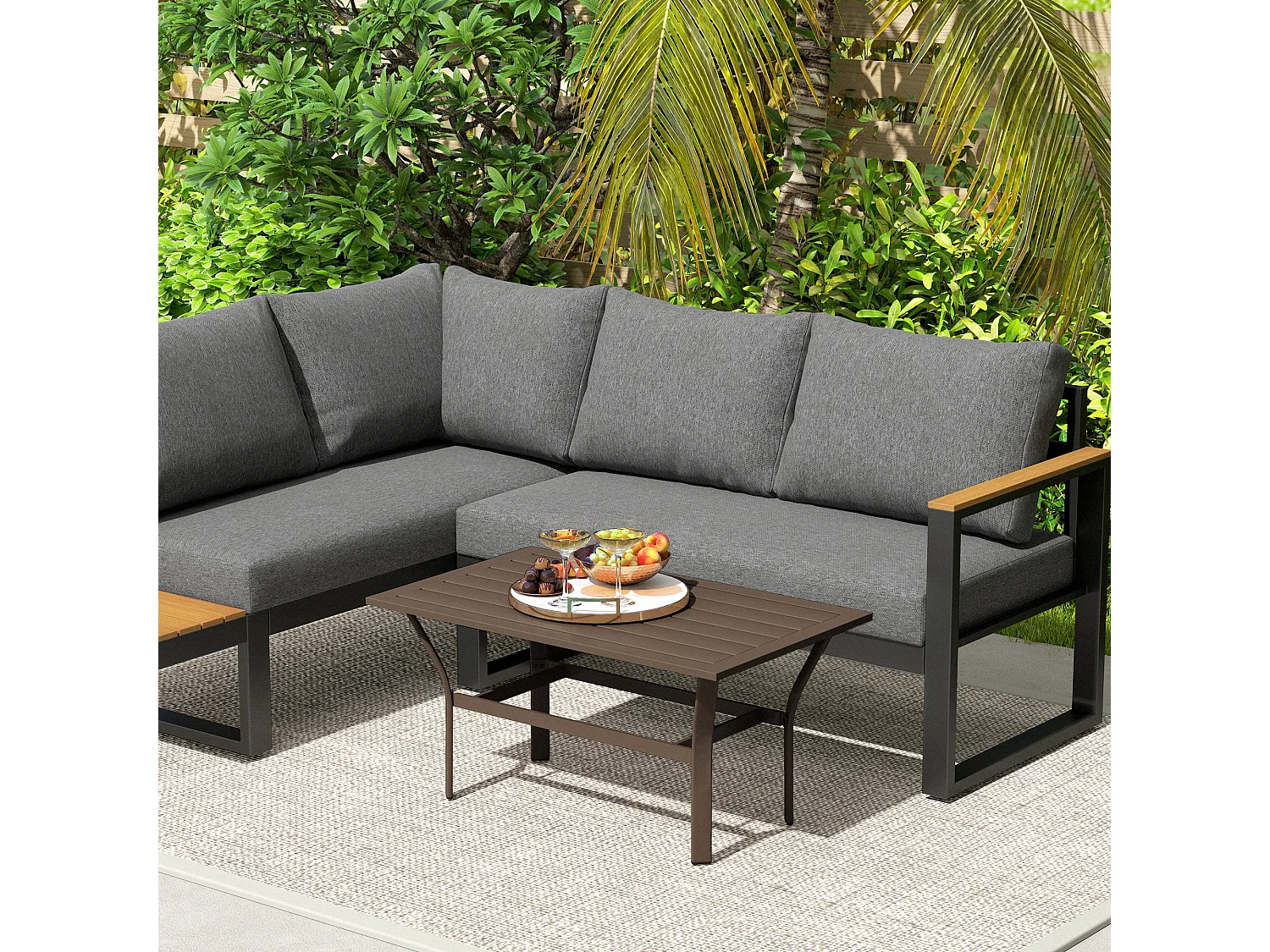 Dosu Yoba Outdoor Rectangular Coffee Table Brown Metal Frame with Slatted Wooden Top