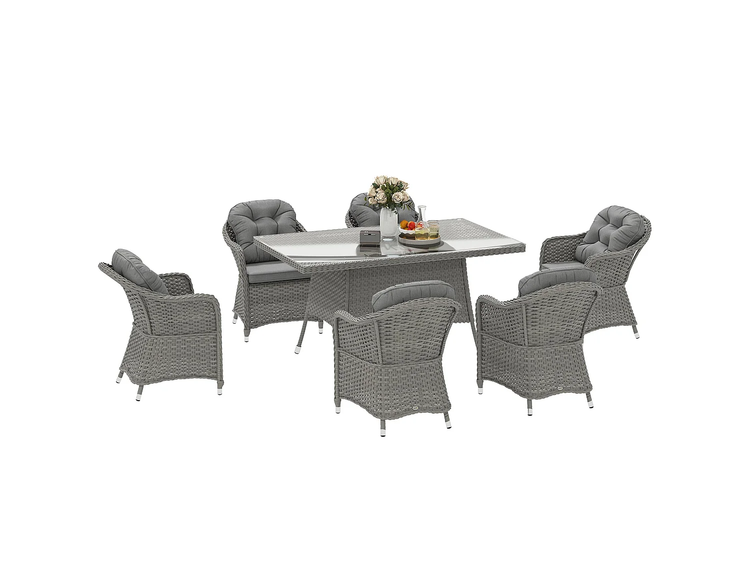 Bami Light Grey Rattan 6 Seater Outdoor Dining Set with Rectangular Tempered Glass Table