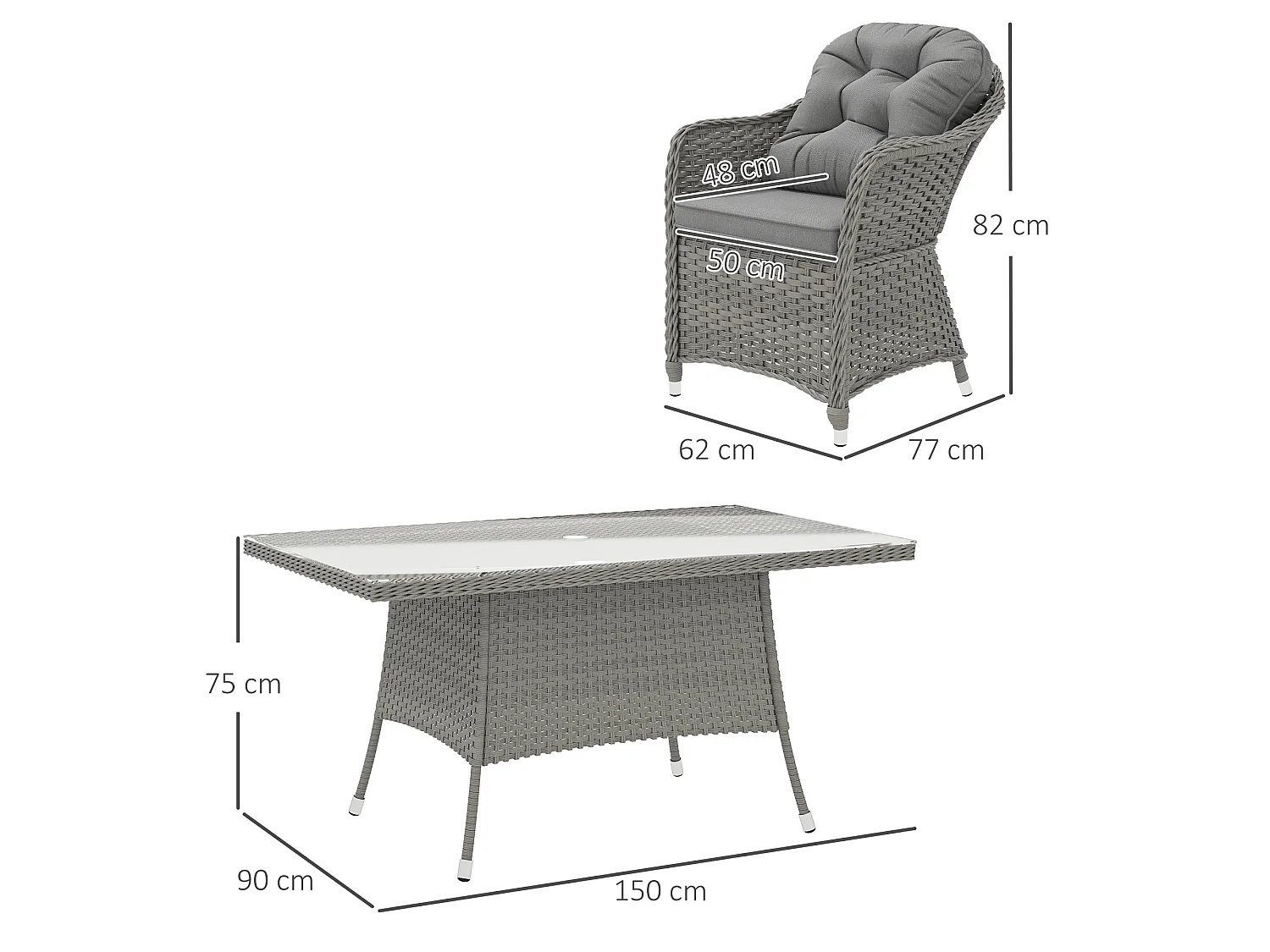 Bami Light Grey Rattan 6 Seater Outdoor Dining Set with Rectangular Tempered Glass Table