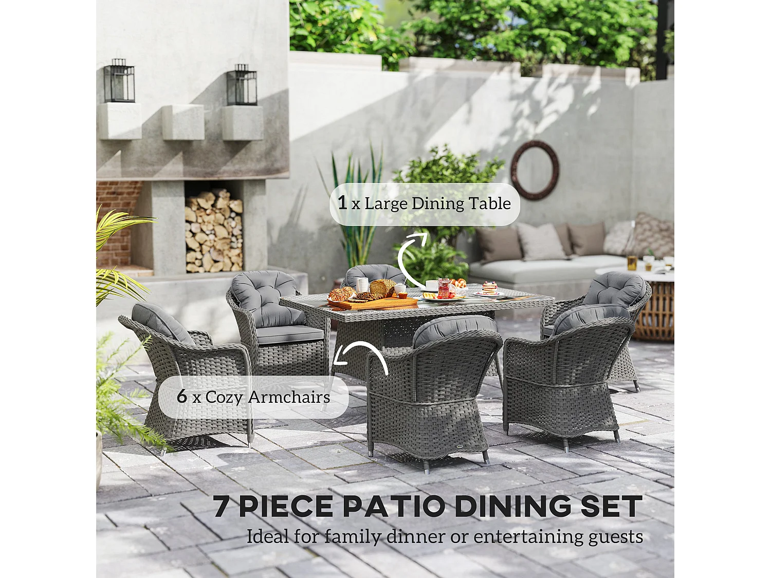 Bami Light Grey Rattan 6 Seater Outdoor Dining Set with Rectangular Tempered Glass Table
